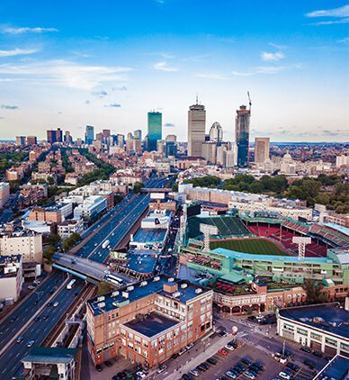 Aerial view of Boston skyline and Fenway Park